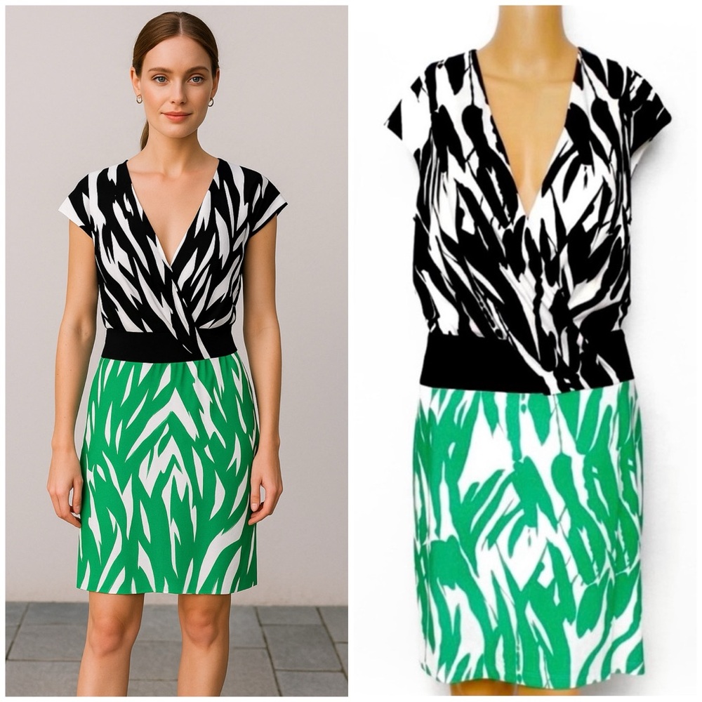 MAGGY LONDON | Black Green Mixed Palm Tropical Patterned Dress